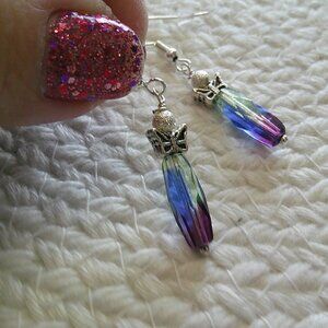 Beautiful PURPLE & BLUE GLASS with BUTTERFLIES Handmade Sterling 925 Earrings